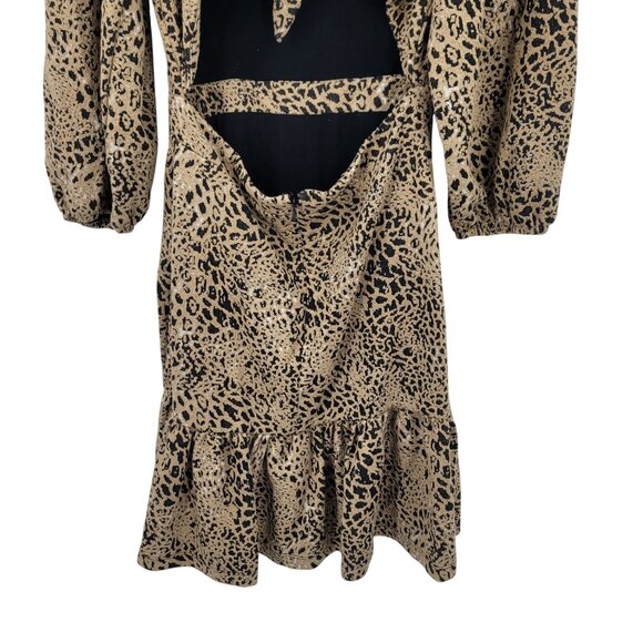 Anthropologie Leopard Cutout Back Mini Dress Sz 6 Puff Sleeves Ruffle Hem Knit - Picture 11 of 12